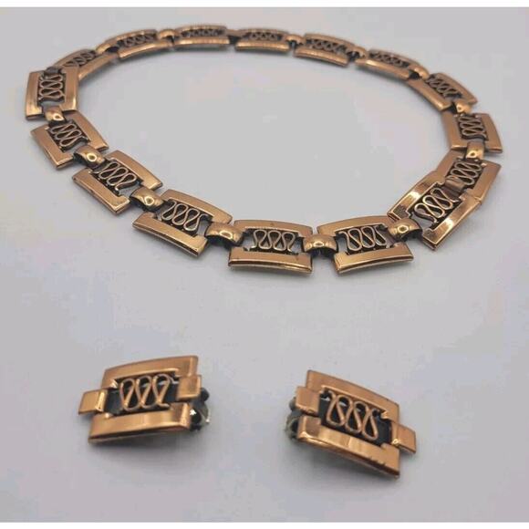 Renior Copper Rectangular Reticulated Link 15" Choker Necklace & Earring Set VTG - Picture 1 of 15